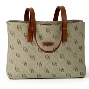 Dooney & Bourke Monogram Tote Bag light green.   Brown Leather Handle